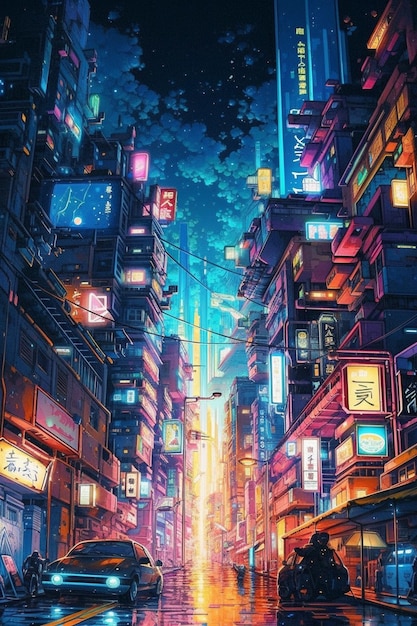 Une peinture d'une ville avec un panneau d'affichage qui dit "cyberpunk" dessus