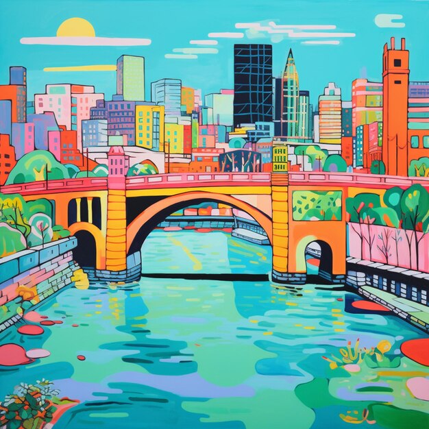 peinture d'une ville avec un pont et une rivière au premier plan IA générative