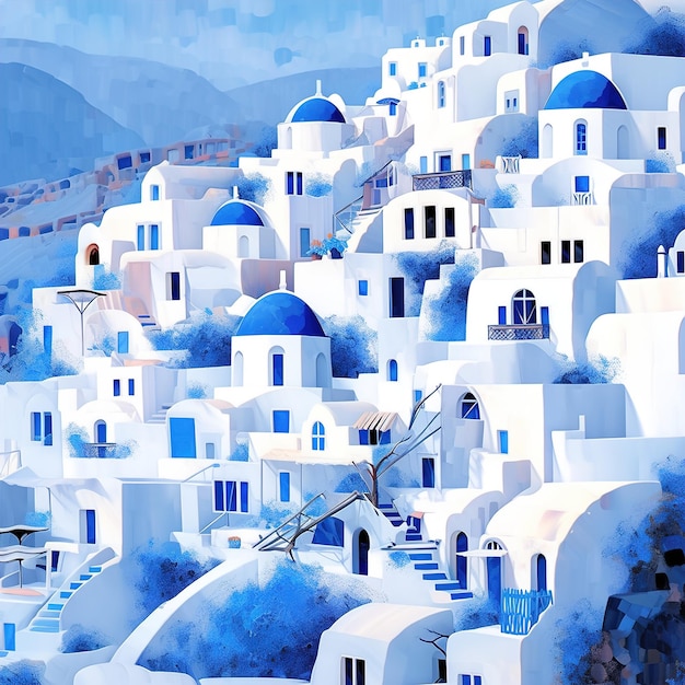 Photo une peinture d'une ville avec un thème bleu et blanc
