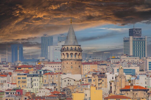 Photo une peinture d'une ville avec une tour qui a une horloge dessus