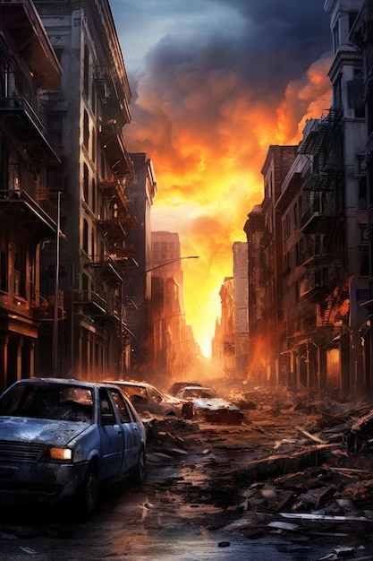 Une peinture d'une ville avec une voiture au premier plan et une ville en feu à l'arrière-plan.