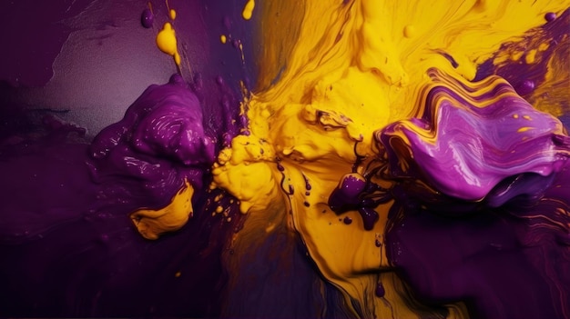 Une peinture violette et jaune éclabousse sur un fond violet.