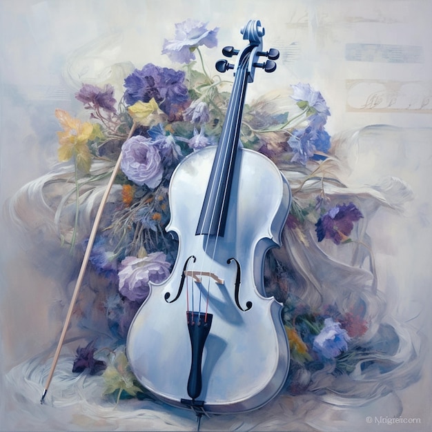 Peinture d'un violon et d'un archet avec des fleurs en arrière-plan ai générative