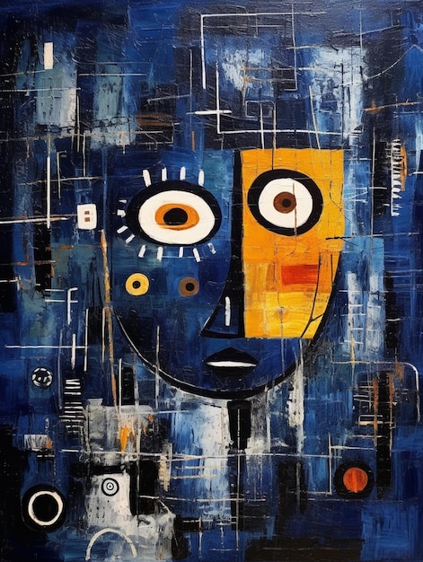 Peinture d'un visage bleu avec des yeux jaunes et un nez noir