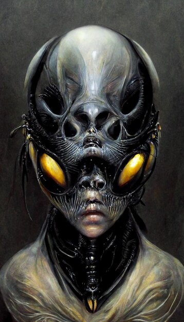 Une peinture d'un visage de femme aux yeux jaunes et un masque qui dit "extraterrestre"