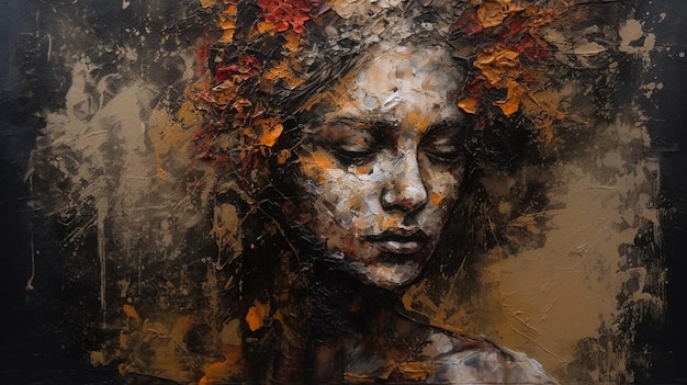 Une peinture d'un visage de femme avec des feuilles dessus