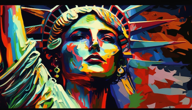 Une peinture d'un visage de femme avec la statue de la liberté en arrière-plan.