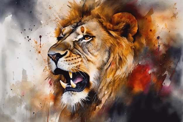 Une peinture d'un visage de lion avec un fond rouge et noir.