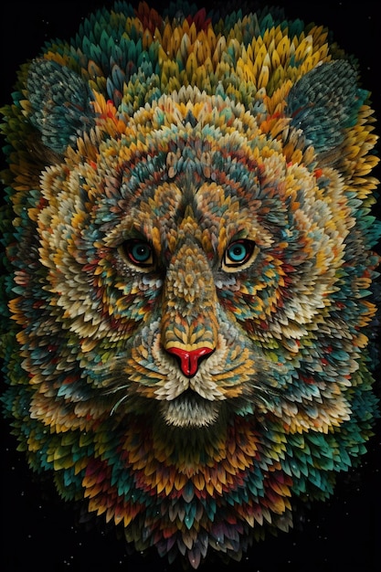 Une peinture d'un visage de lion avec un œil bleu.