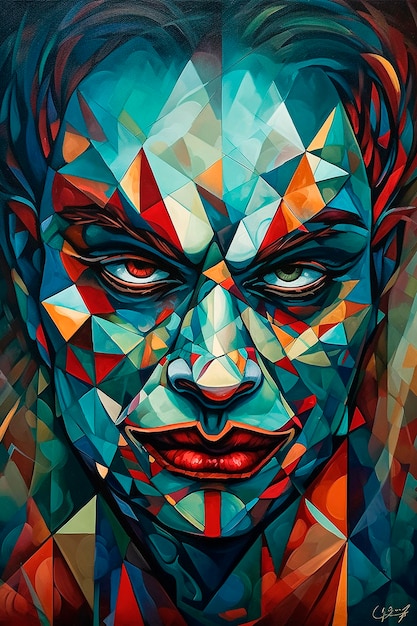 Une peinture d'un visage avec un motif en triangle.