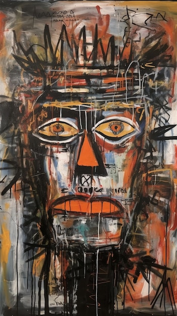 Une peinture d'un visage avec un oeil orange et un visage noir et blanc.