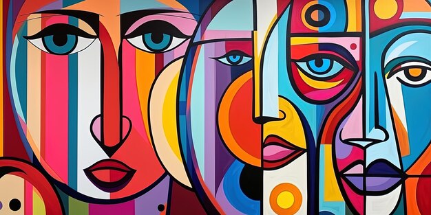 une peinture de visages avec différentes couleurs et formes