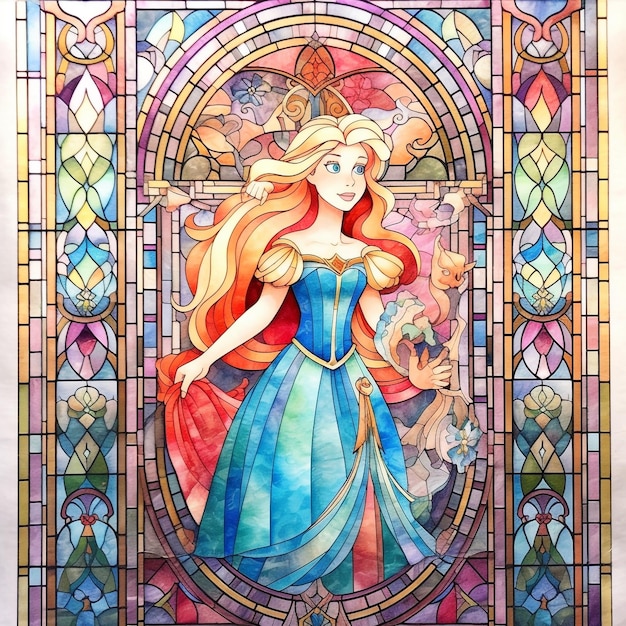 Une peinture vitrail d'une princesse de Disney's Tangled.