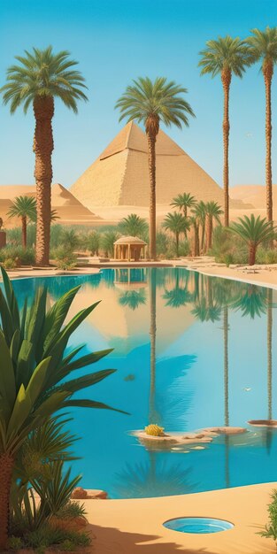 Peinture vivante qui juxtapose la grandeur des pyramides avec la tranquillité d'une oasis dans le