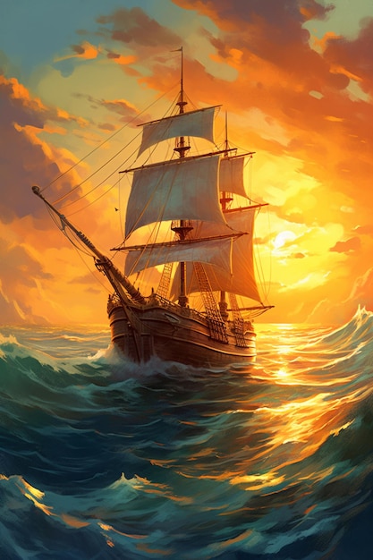 peinture d'un voilier dans l'océan au coucher du soleil ai générative