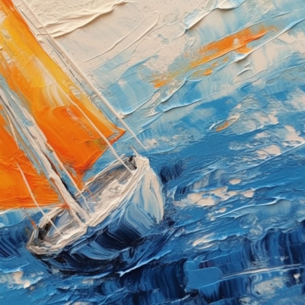 Peinture d'un voilier dans un océan bleu avec des voiles orange