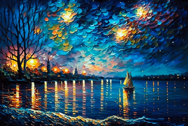 Une peinture d'un voilier sur l'eau avec le ciel nocturne en arrière-plan.