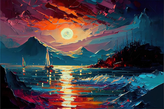 Peinture d'un voilier sur l'eau la nuit