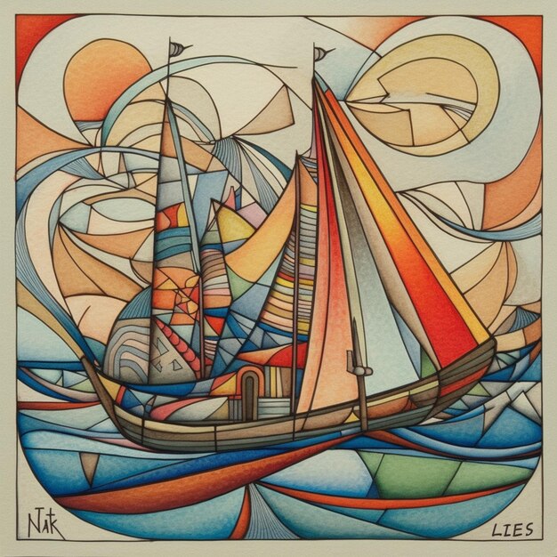 Une peinture d'un voilier avec le mot " se trouve " sur le fond.