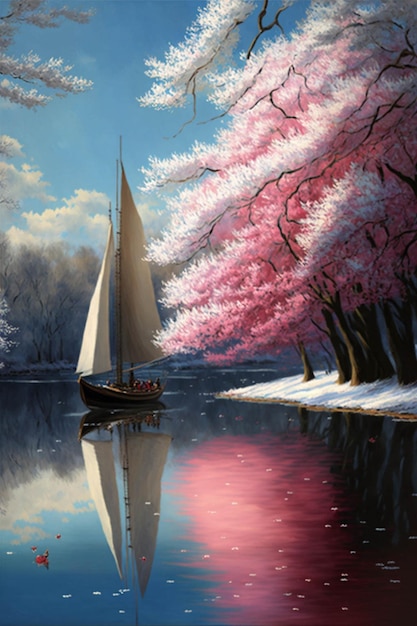 Peinture d'un voilier sur un plan d'eau ai génératif
