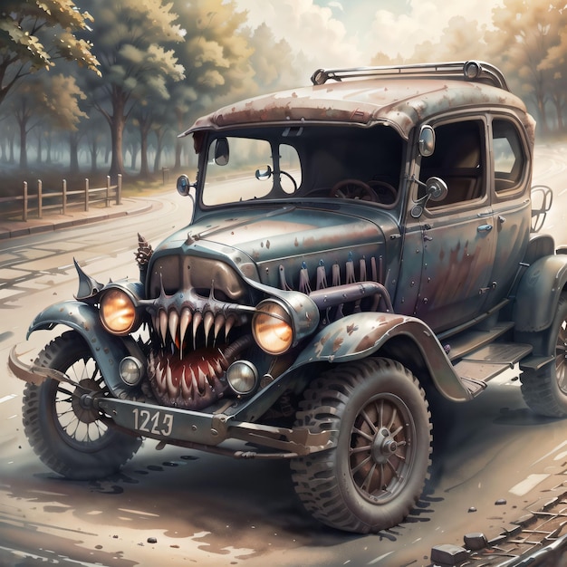 Une peinture d'une voiture avec une bouche de monstre