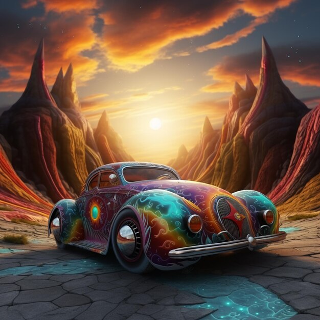 Peinture d'une voiture colorée dans un décor désertique avec une ai générative au coucher du soleil