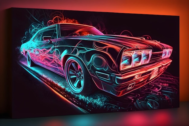 Une peinture d'une voiture avec des néons dessus