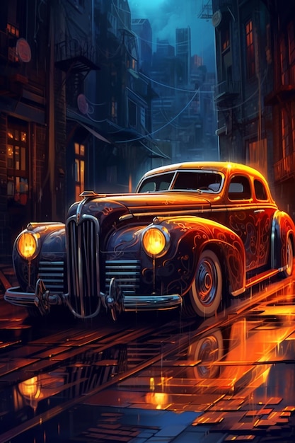 Photo une peinture d'une voiture avec les phares allumés.