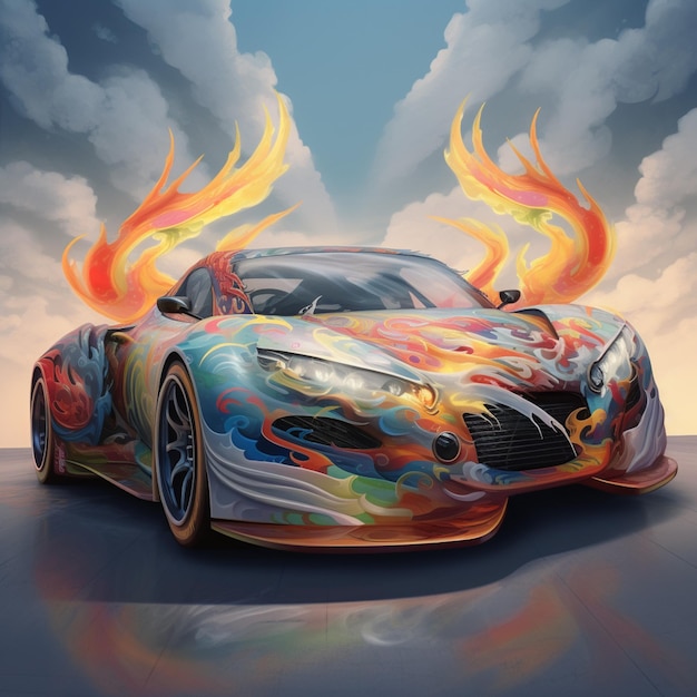 Peinture d'une voiture de sport colorée avec des flammes sortant du capot ai générative