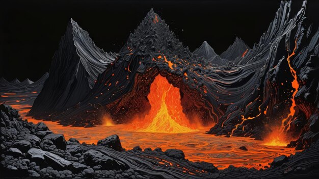 Photo peinture d'un volcan en éruption avec des coulées de lave