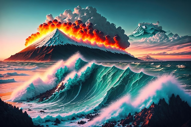 Une peinture d'un volcan et d'un volcan