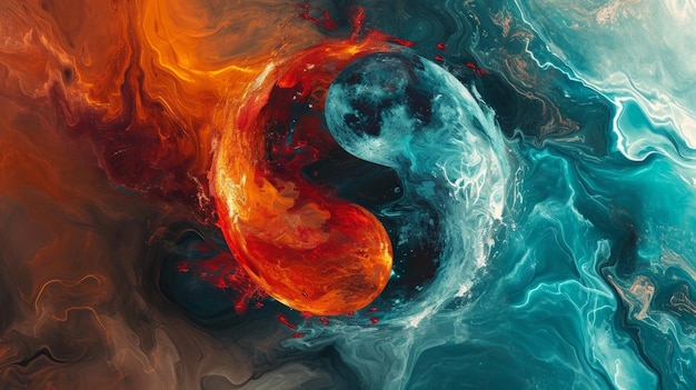 Photo peinture yin yang représentant les éléments feu et eau en parfait équilibre