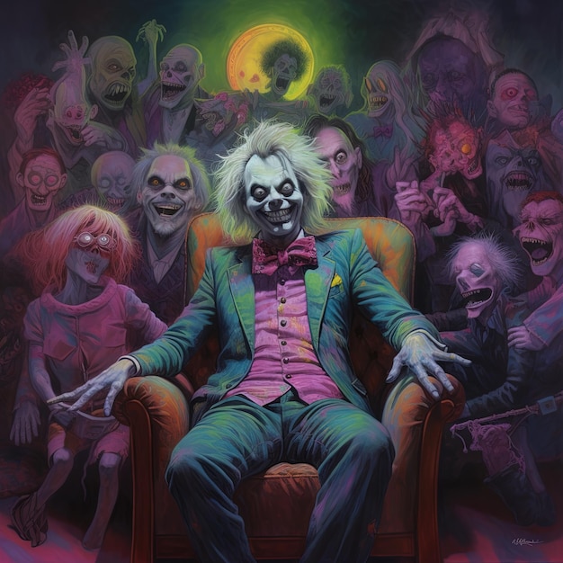 une peinture d'un zombie avec un clown dessus