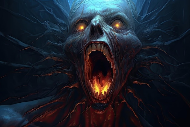 Une peinture d'un zombie avec un visage brûlant