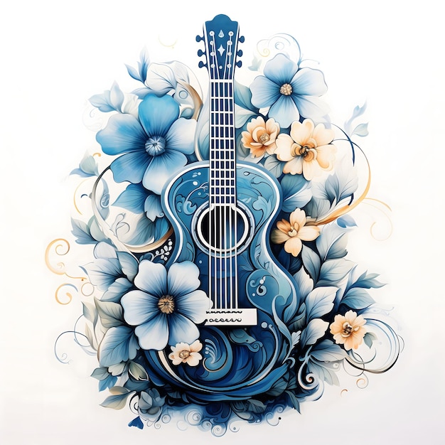 Photo peintures à l'huile réalistes de guitare groovy de fleurs bleues abstraites d'aquarelle