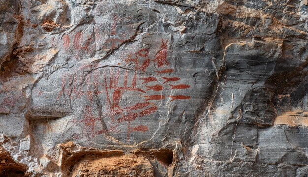 Photo des peintures rupestres anciennes représentant la vie tribale et les animaux