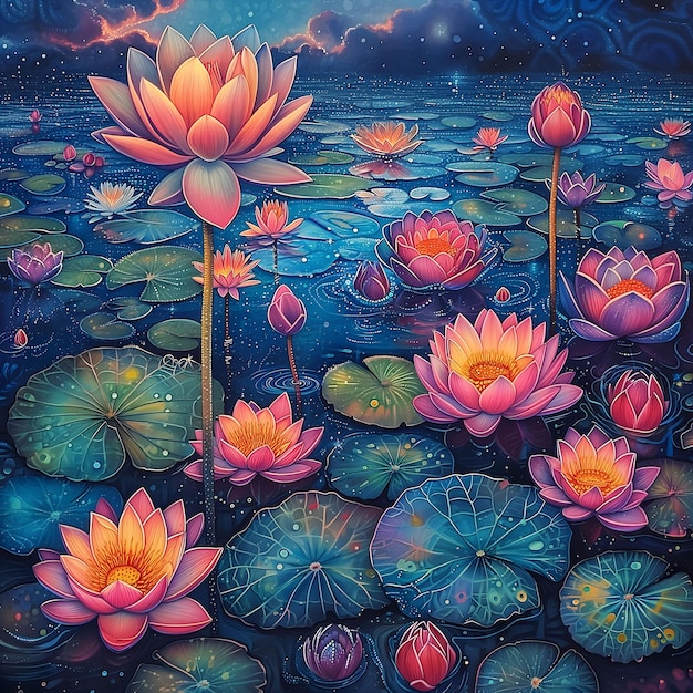 Peintures vibrantes de lotus et de fleurs Sphères lumineuses Visages nocturnes et sereins
