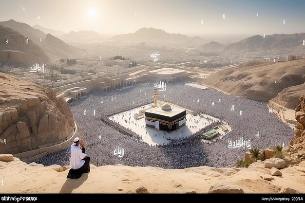 Photo pèlerinage musulman priant sur les montagnes de jabal rahmah à arafat avec la typographie hajj mabrour en arabe et en anglais signifie qu'allah accepte votre hajj