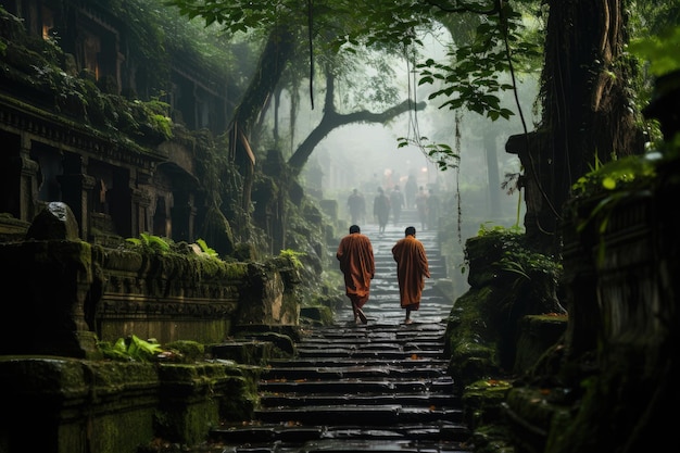 Les pèlerins montent par les marches vers le temple mystique génératif IA