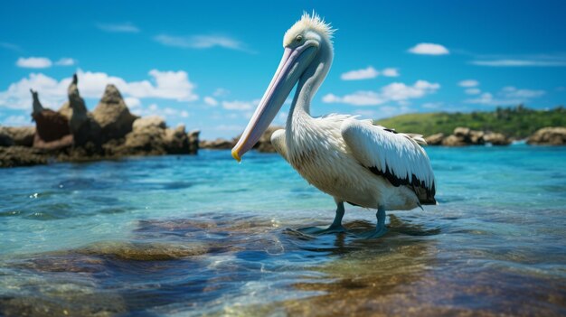 Pélican photoréaliste à Madagascar sur des rochers dans l'océan