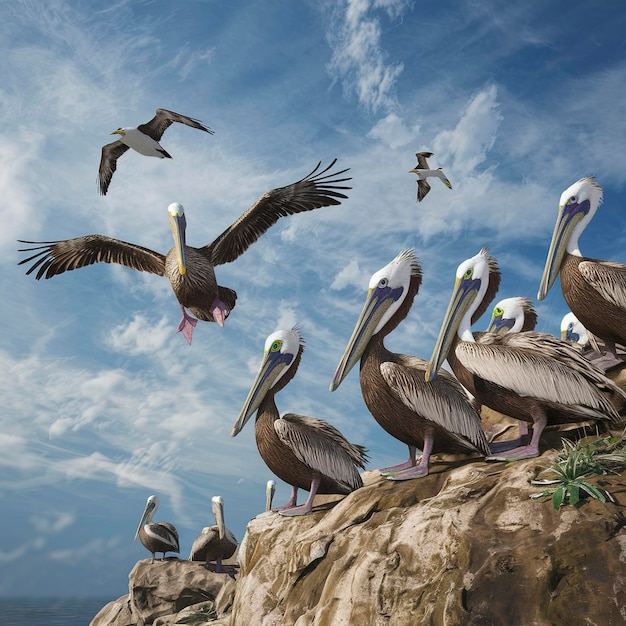 Pélicans sauvages sur une falaise avec un qui retourne à l'habitat