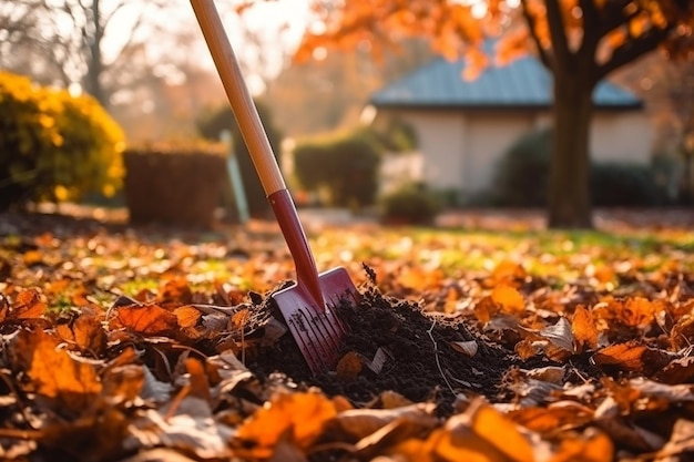 Une pelle est coincée dans les feuilles d'une cour.