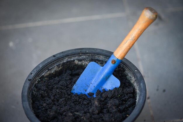 Pelle sur sol de culture en pot noir pour la plantation Préparation du sol pour la plantation de plantes ou de fleurs en pots