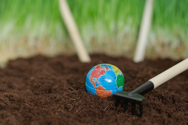 A Pelles et râteaux sur le terrain, se préparant à la plantation de la récolte. Jour de la Terre. Planète Terre.