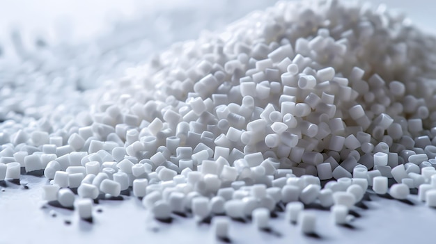 Pellets en plastique blanc Arrière-plan en gros plan Granulés en plastique Polymère Perles en plastique Résine polymère