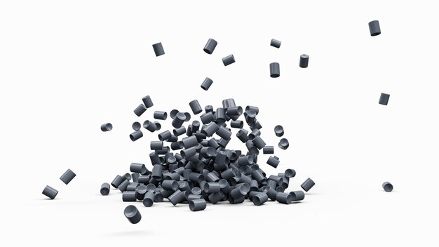 Photo pellets en plastique gris tombant sur fond blanc granulés en plastique polymère perles en plastique noir résine palette en polymère illustration pétrochimique en 3d