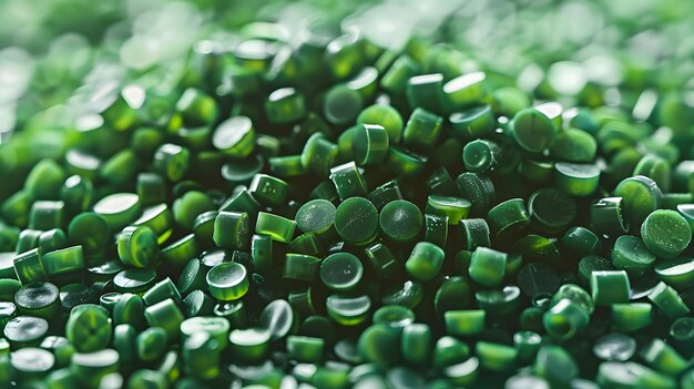 Pellets en plastique vert Arrière-plan en gros plan Granulés en plastique Polymère Perles en plastique Résine polymère