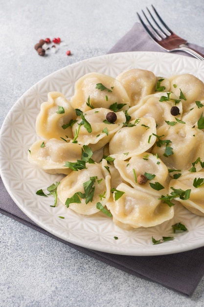 Pelmeni traditionnel, raviolis, boulettes de pâte farcies de viande sur assiette, cuisine russe. Espace de copie