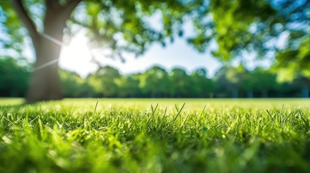 Une pelouse avec un arbre en arrière-plan