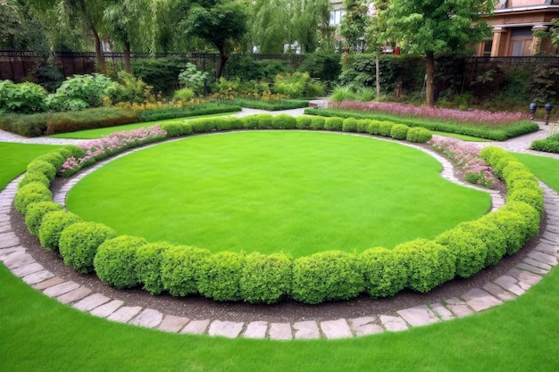 Une pelouse circulaire avec une pelouse circulaire au milieu et un parterre de fleurs au milieu.